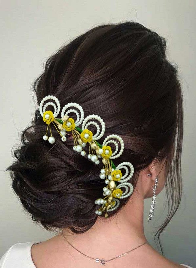 Hair Flare Artificial Flowers with Pearls Peacock Feather shape Hair Vein/Bridal Juda Pin/Hair Accessories For Women and Girls- 2419, Golden - Image 3
