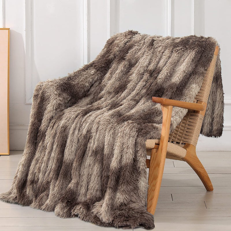 Tuddrom Decorative Extra Soft Faux Fur Throw BlanketSolid Reversible Fuzzy Lightweight Long Hair Shaggy BlanketFluffy Cozy Plush Fleece Comfy Microfiber Fur Blanket for Couch Sofa BedTie Dye Brown