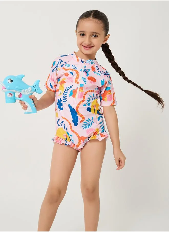 ستايلي Styli Graphic Print Half Zipped Swimsuit