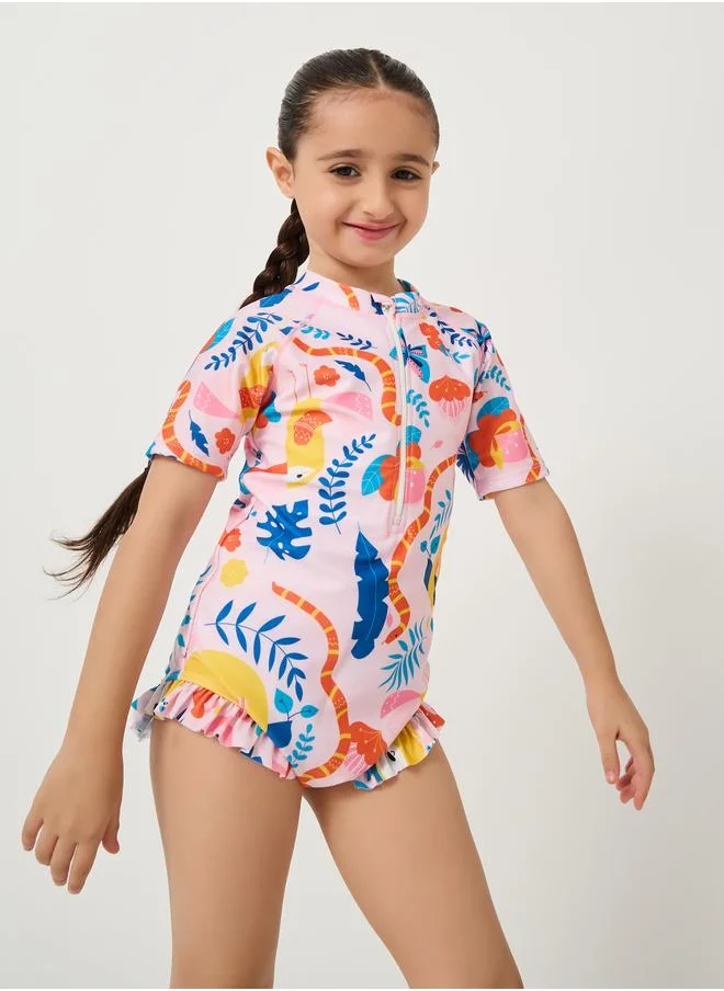 ستايلي Styli Graphic Print Half Zipped Swimsuit