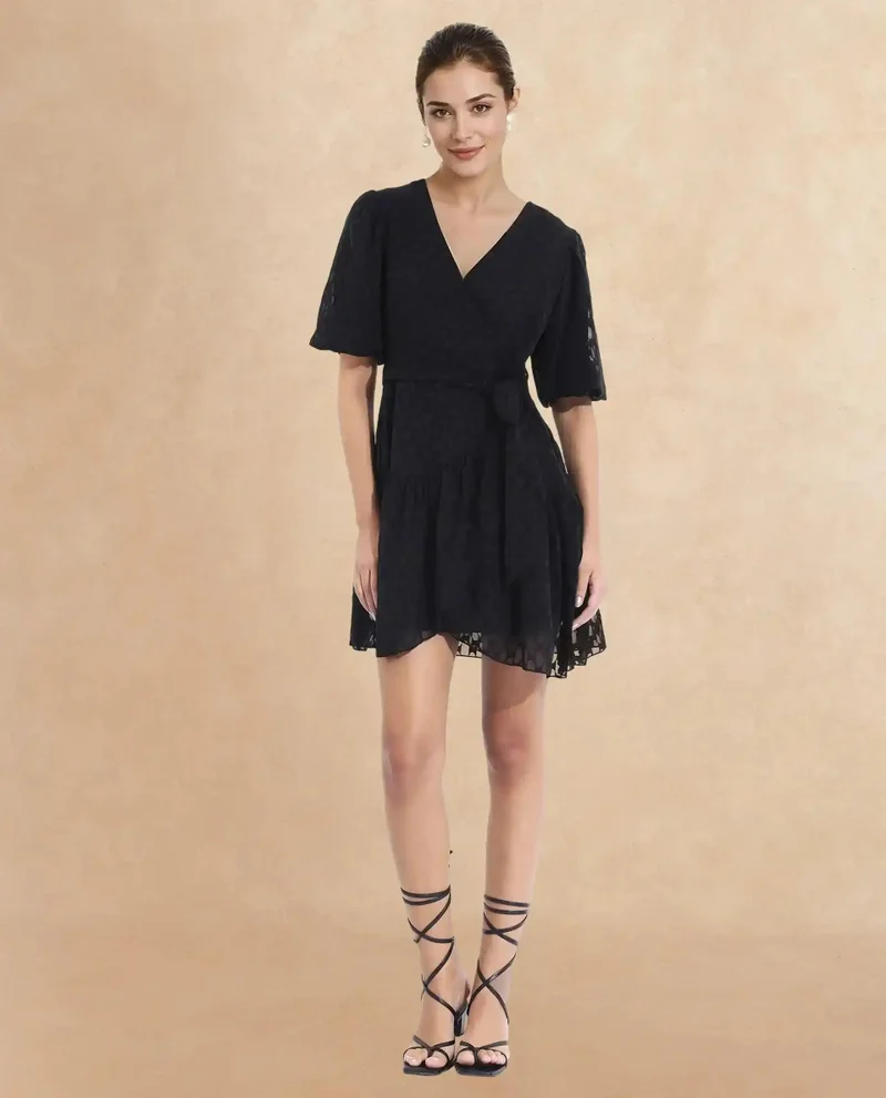 Rareism Women's V-Neck Tie Up Mini Dress
