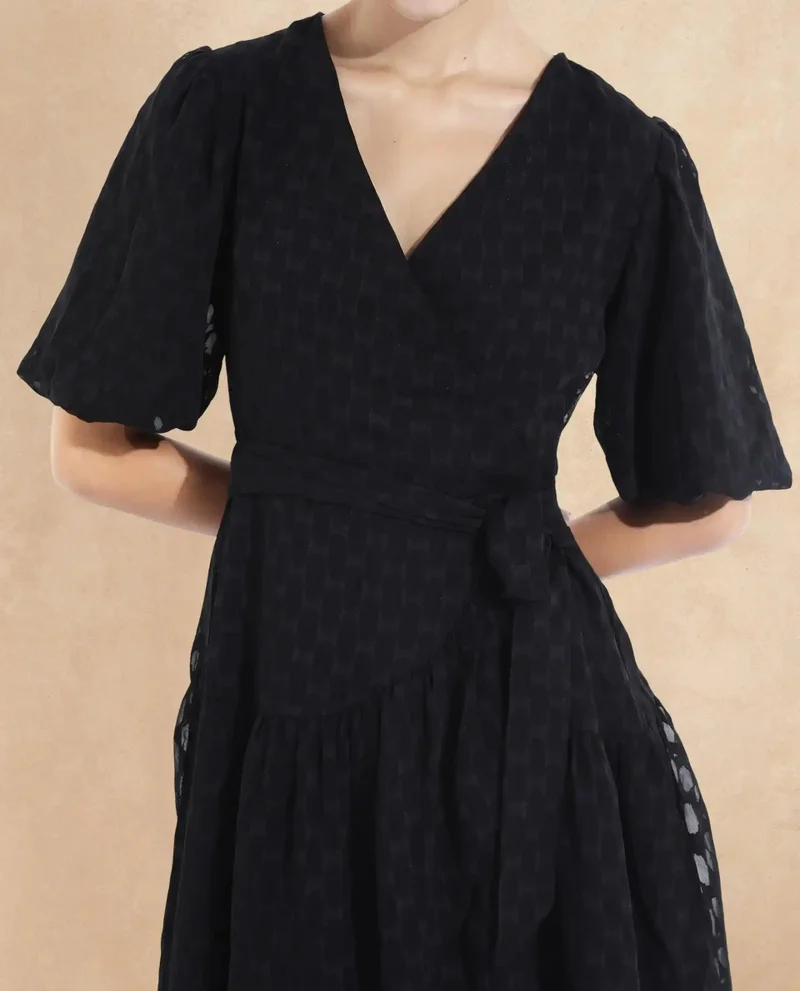 Rareism Women's V-Neck Tie Up Mini Dress