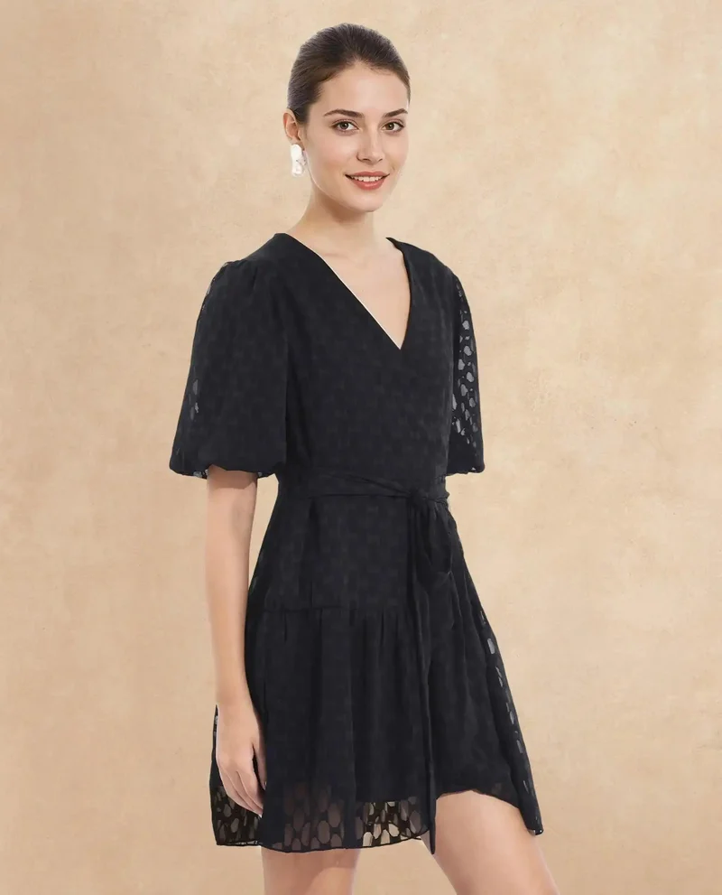 Rareism Women's V-Neck Tie Up Mini Dress