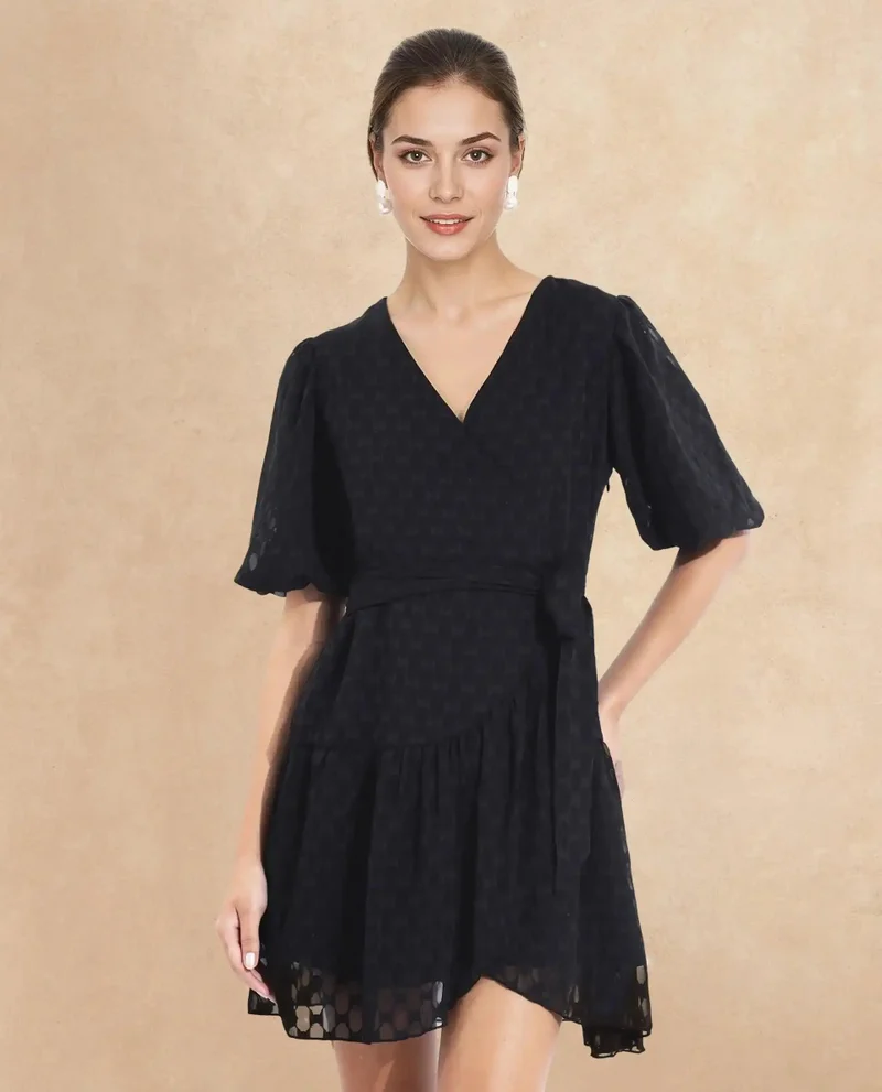 Rareism Women's V-Neck Tie Up Mini Dress