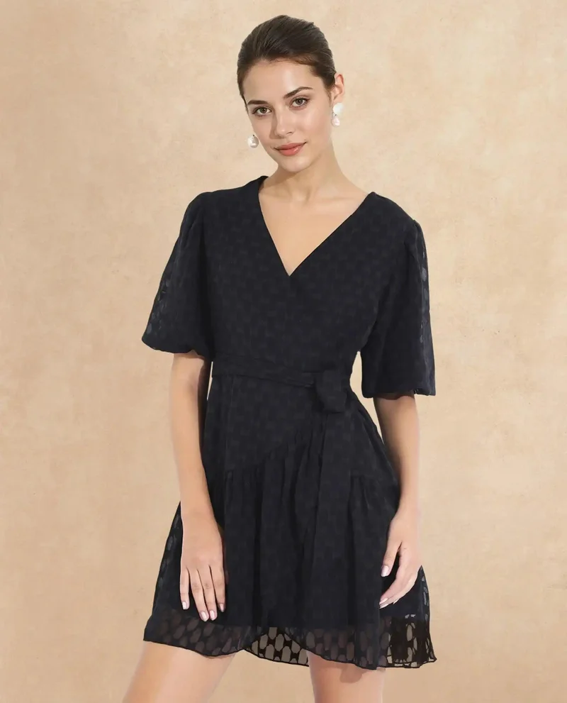 Rareism Women's V-Neck Tie Up Mini Dress