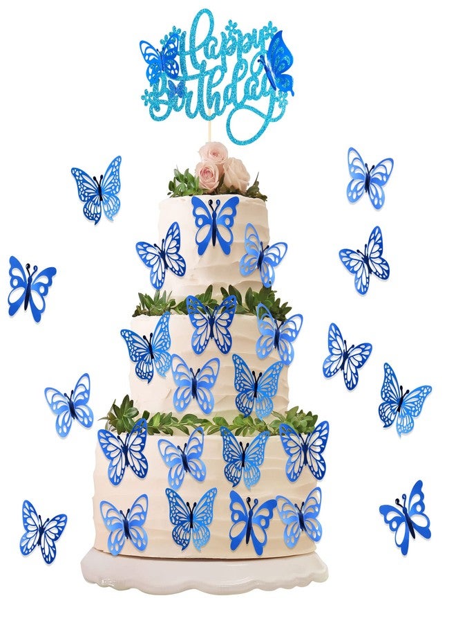 Ephlyn 25Pcs Butterfly Cake Toppers - 3D Happy Birthday Cake Decorations for Baby Shower and Party Supplies - Blue - Image 1