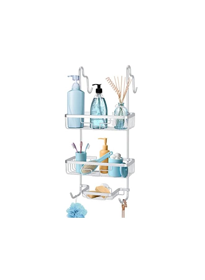 علبة دش من الألومنيوم فوق باب الحمام - 3 منظمات دش سلة مع خطافين لتعليق الإسفنج وشفرة الحلاقة (فضي) - Image 2