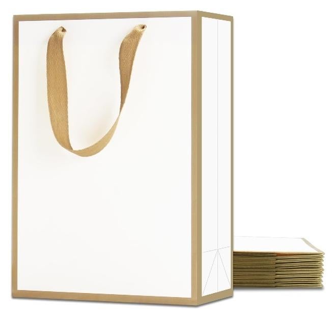 10 أكياس هدايا من الورق مع مقابض الشريط، متوسطة 20x10x28 سم، كيس هدايا أبيض من الورق السميك، مناسب للكافيهات، الحفلات، الزفاف، احتفالات أعياد الميلاد - Image 1