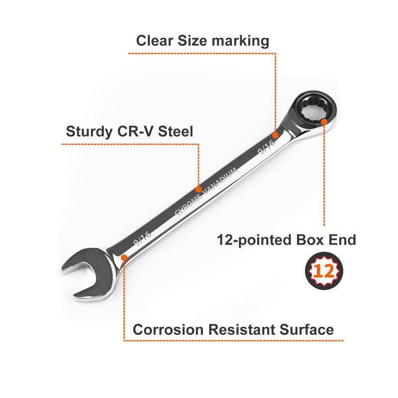Egofine 9/16 inch Ratcheting Combination Wrench SAE, Industrial Grade Gear Spanner with 12-Point Design, 72-Tooth Ratchet, Chrome Vanadium Steel - Image 2
