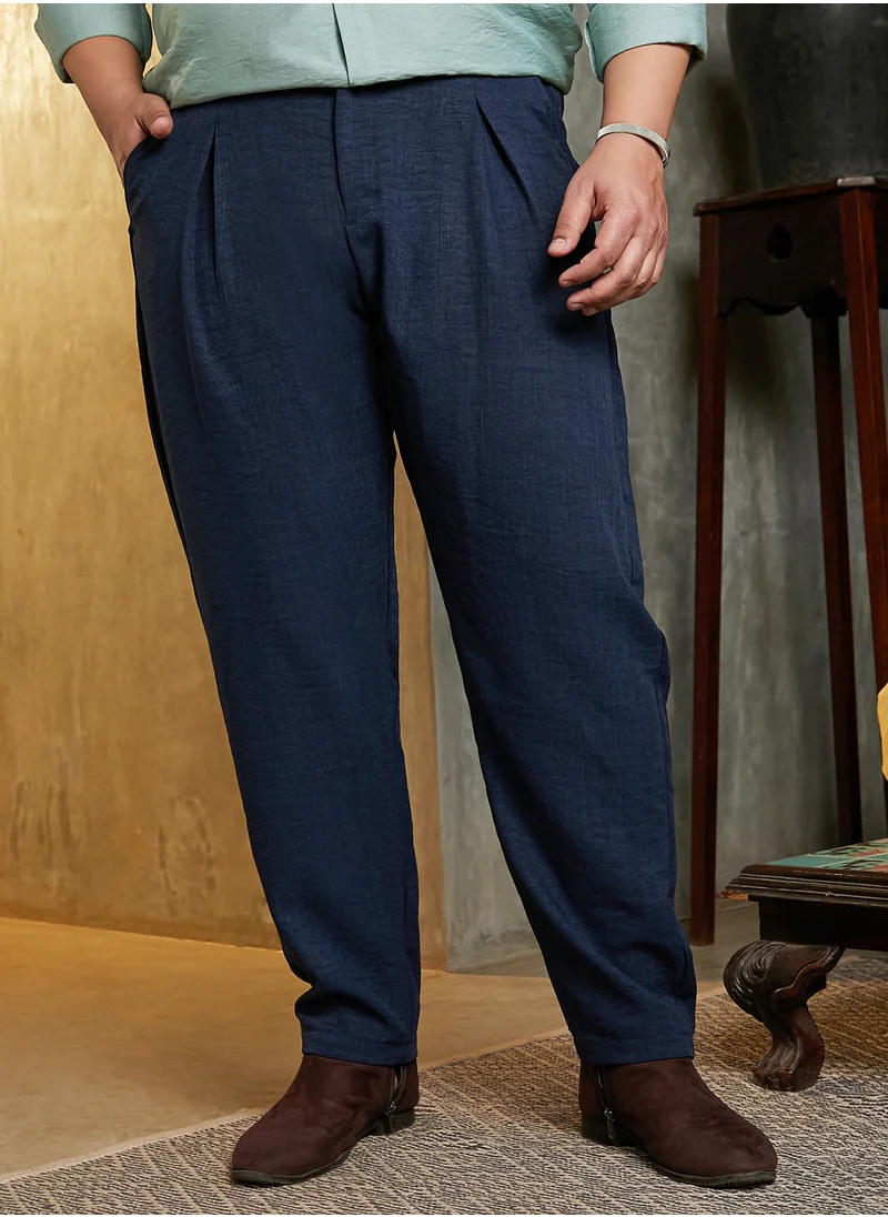 انستافاب بلس Instafab Plus Men's Prussian Blue Pleated Tailored Trousers For Casual Wear | Mid-Rise | Regular Fit | Button Closure | Plus Size Trousers Crafted With Comfort Fit For Everyday Wear