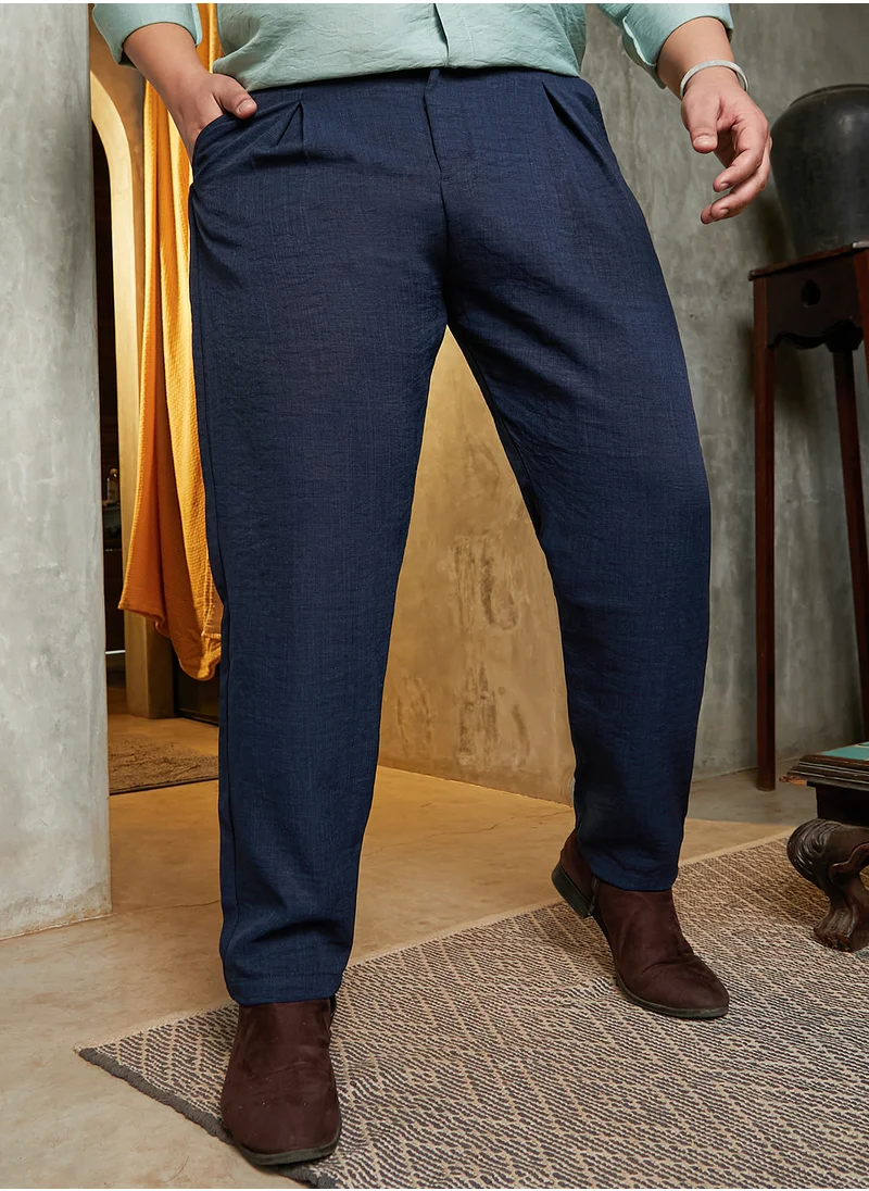 انستافاب بلس Instafab Plus Men's Prussian Blue Pleated Tailored Trousers For Casual Wear | Mid-Rise | Regular Fit | Button Closure | Plus Size Trousers Crafted With Comfort Fit For Everyday Wear