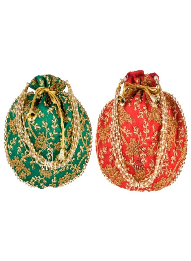 STLYZ Traditional Silk Potli Bag For Women, Embroidered Potli Handbag Wristlets Ethnic Bridal Potli Batwa Bag For Ladies For Wedding Return Gifts (Pack of 2) (AnguriPotli_Packof2) - Image 1