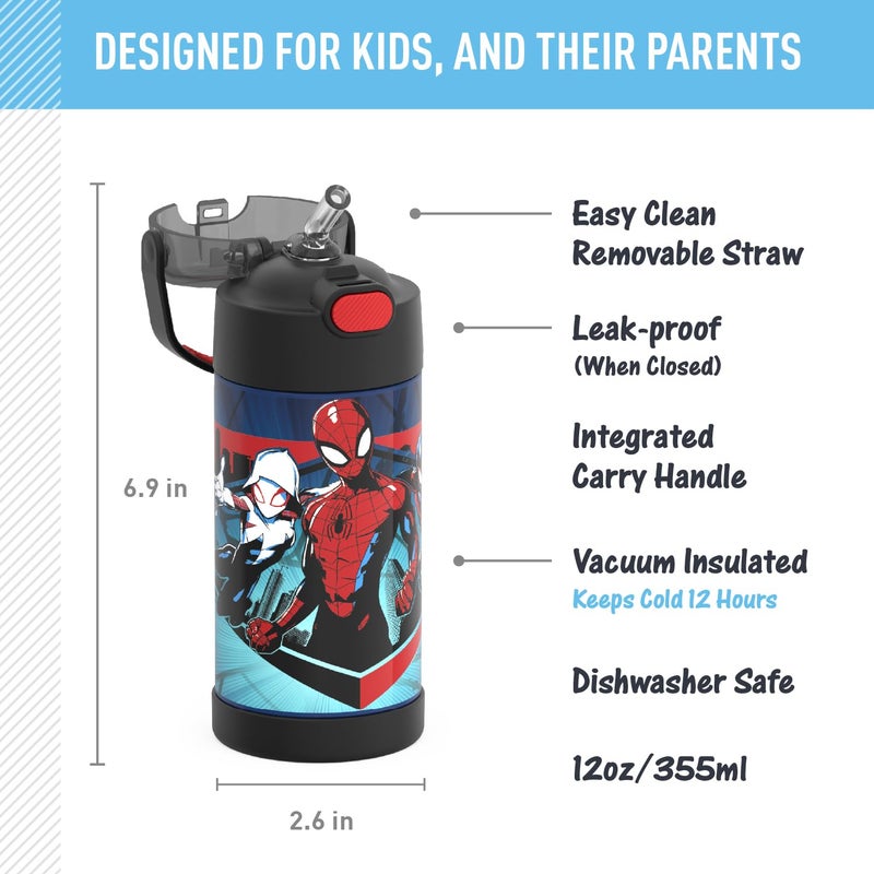 THERMOS FUNTAINER Water Bottle with Straw - 12 Ounce - Kids Stainless Steel Vacuum Insulated Water Bottle with Lid, Spider-Man - Image 2