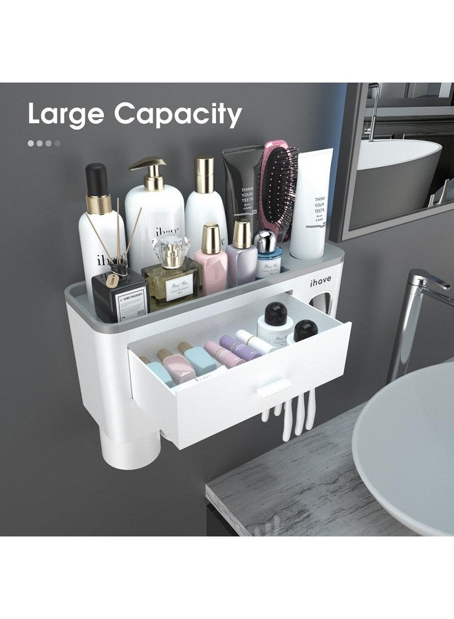 iHave حاملات فرشاة الأسنان iHave للحمامات، حامل فرشاة الأسنان 3 أكواب مثبت على الحائط مع موزع معجون الأسنان - صينية بسعة كبيرة، درج تجميل - ملحقات الحمام وتنظيم تخزين الحمام - Image 2