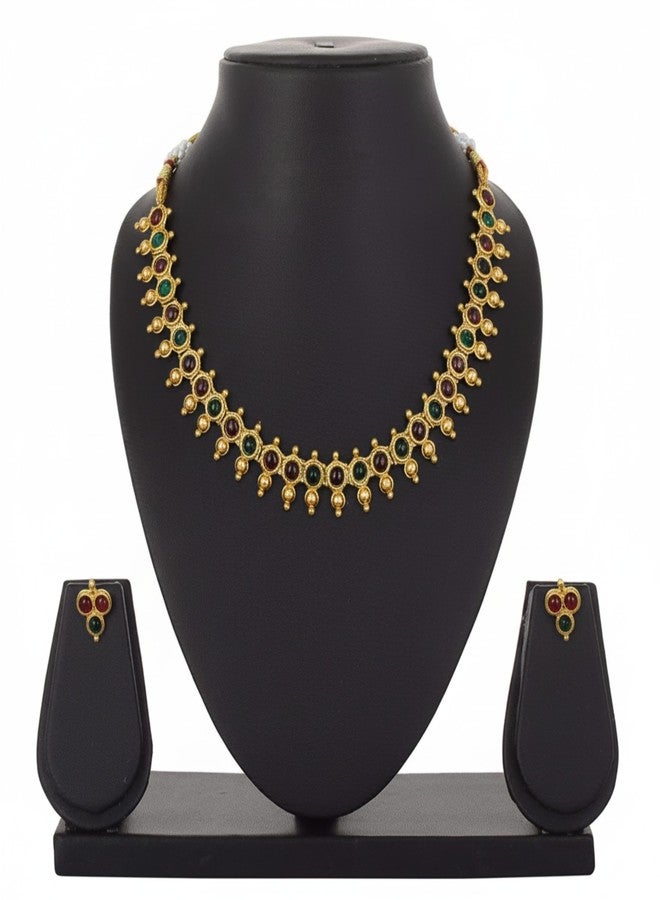 AAIKU Traditional Matt Finishe Temple Jewelry Necklace Set | Antique Gold Plated Choker with Red & Green Stones | Bridal Wedding Jewelry with Matching Earrings for Women & Girls - Image 3
