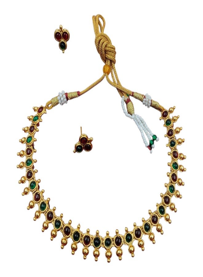 AAIKU Traditional Matt Finishe Temple Jewelry Necklace Set | Antique Gold Plated Choker with Red & Green Stones | Bridal Wedding Jewelry with Matching Earrings for Women & Girls - Image 1
