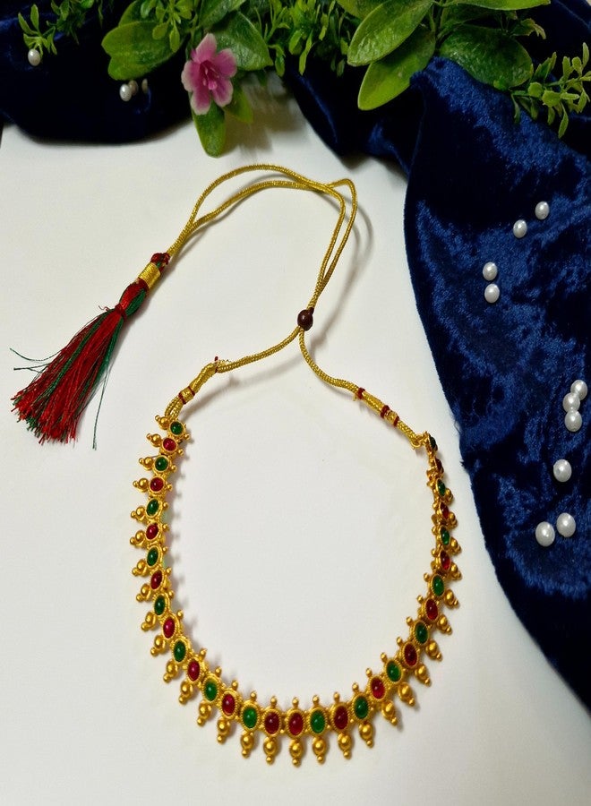 AAIKU Traditional Matt Finishe Temple Jewelry Necklace Set | Antique Gold Plated Choker with Red & Green Stones | Bridal Wedding Jewelry with Matching Earrings for Women & Girls - Image 5