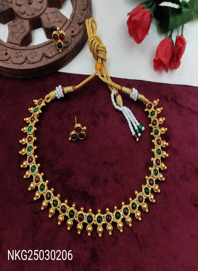 AAIKU Traditional Matt Finishe Temple Jewelry Necklace Set | Antique Gold Plated Choker with Red & Green Stones | Bridal Wedding Jewelry with Matching Earrings for Women & Girls - Image 4