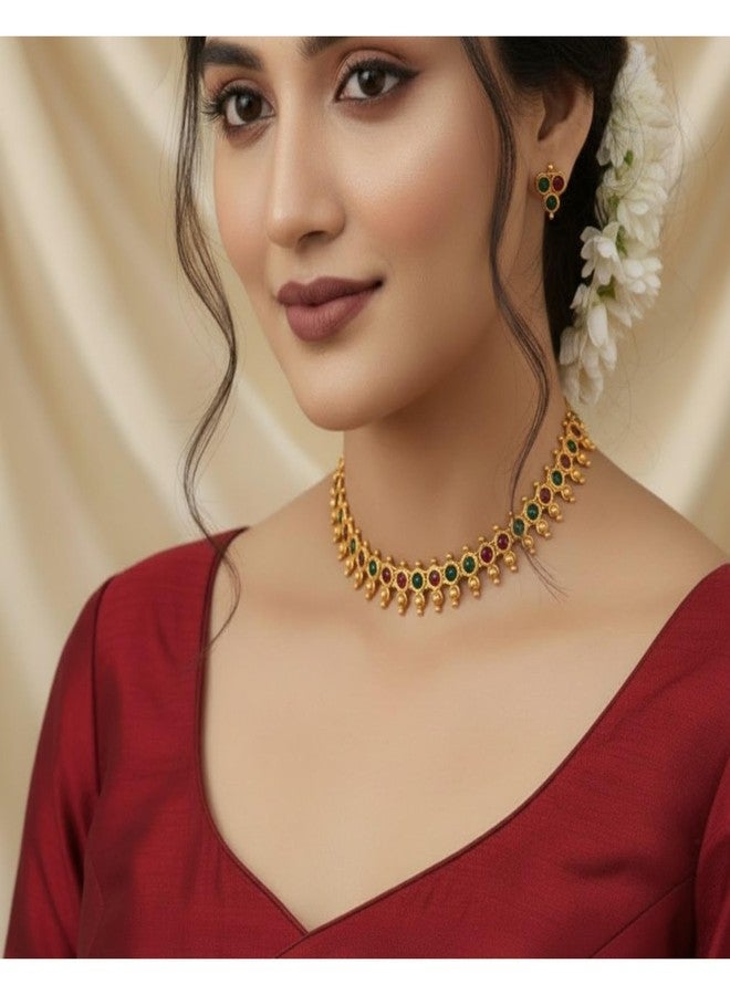 AAIKU Traditional Matt Finishe Temple Jewelry Necklace Set | Antique Gold Plated Choker with Red & Green Stones | Bridal Wedding Jewelry with Matching Earrings for Women & Girls - Image 2
