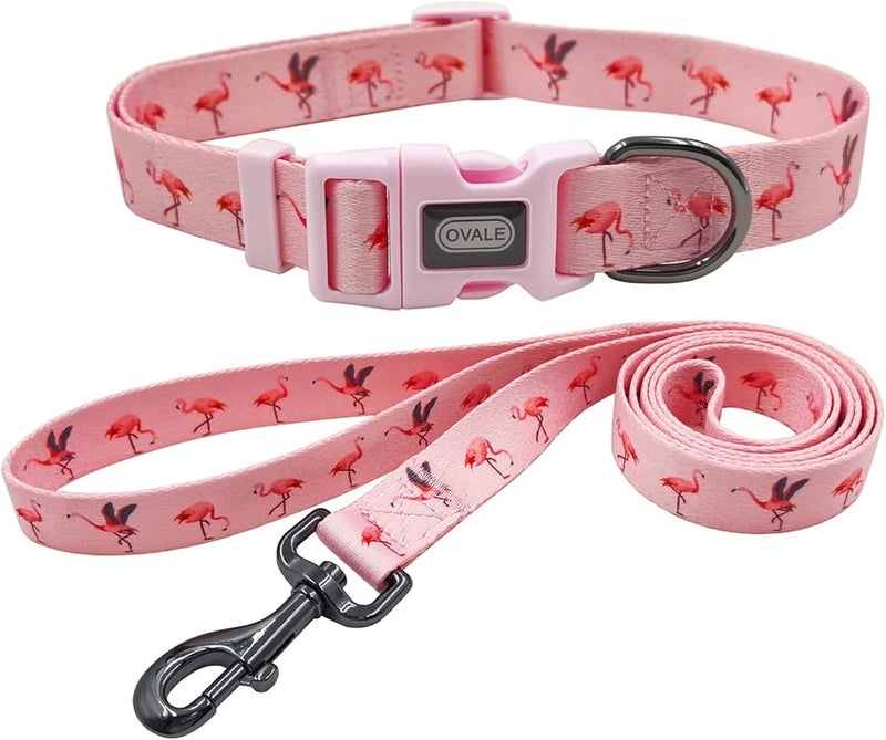 Ovale Dog Collar and Leash Set, Polyester Webbing with Flamingo Pattern, 4 (Pink Flamingo, Medium) - Image 1