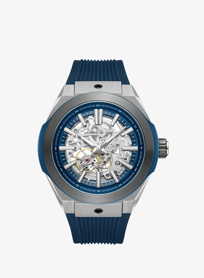 CERRUTI 1881 Ruscello Automatic Watch for Men - Blue Case, Skeletonized Dial, Blue Silicone Strap