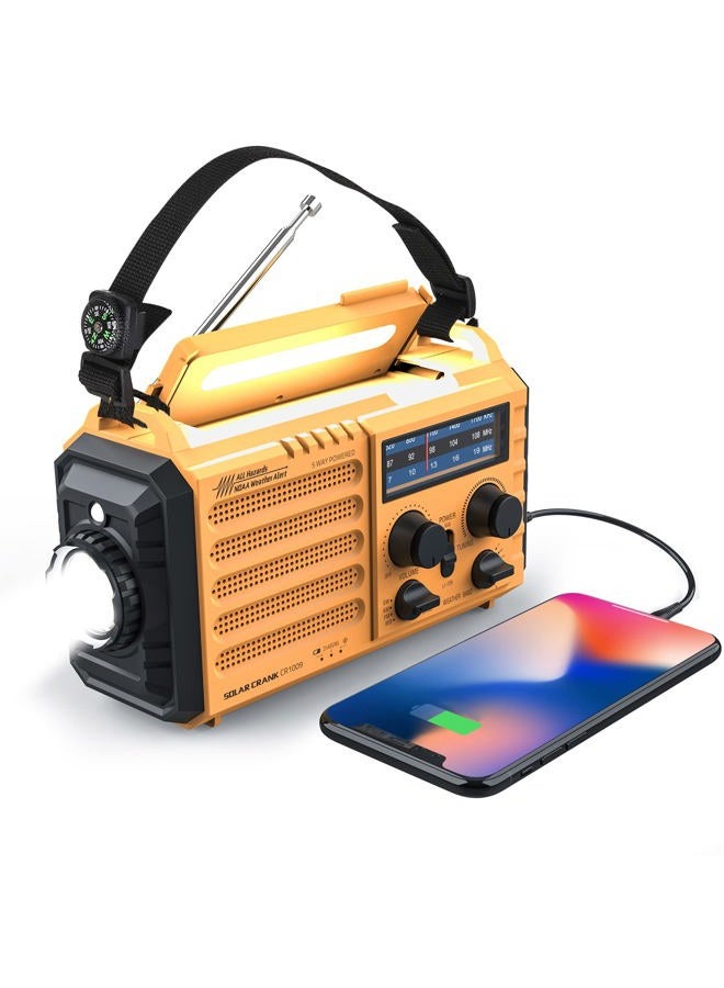 Raynic Weather Radio 5000 Solar Hand Crank Emergency Radio 5 Ways Powered AM/FM/SW/NOAA Weather Alert Portable Radio with Flashlight, Reading Lamp (Yellow) - Image 1