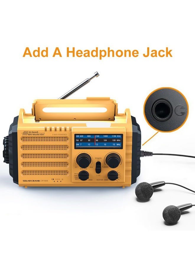 Raynic Weather Radio 5000 Solar Hand Crank Emergency Radio 5 Ways Powered AM/FM/SW/NOAA Weather Alert Portable Radio with Flashlight, Reading Lamp (Yellow) - Image 3