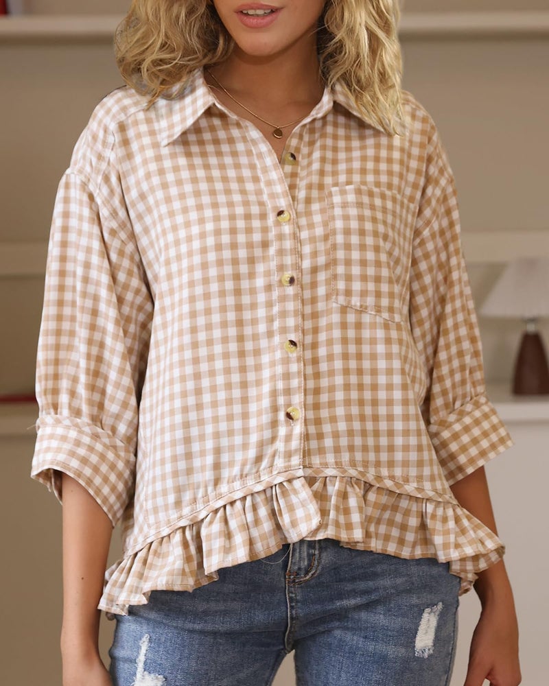 CHYRII Womens Summer Tops Dressy Casual Blouse Top Ruffled Short Sleeve Button Down Plaid Shirt Tan L - Image 4