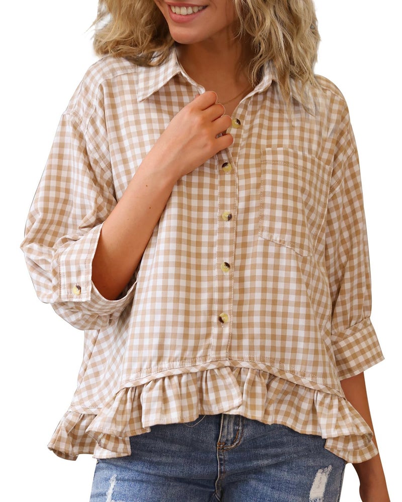 CHYRII Womens Summer Tops Dressy Casual Blouse Top Ruffled Short Sleeve Button Down Plaid Shirt Tan L - Image 1