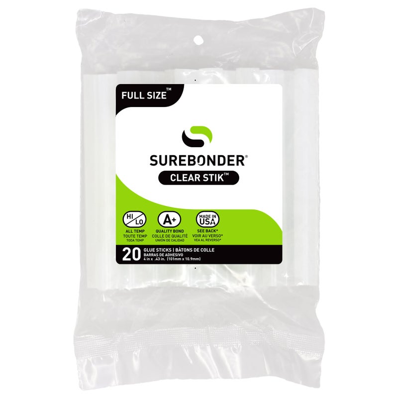 Surebonder Full-Size Hot Glue Sticks for Craft, DIY, and Repairs, All Purpose, All Temperature - 4-Inch Length - 20 Pack, Clear - Image 1