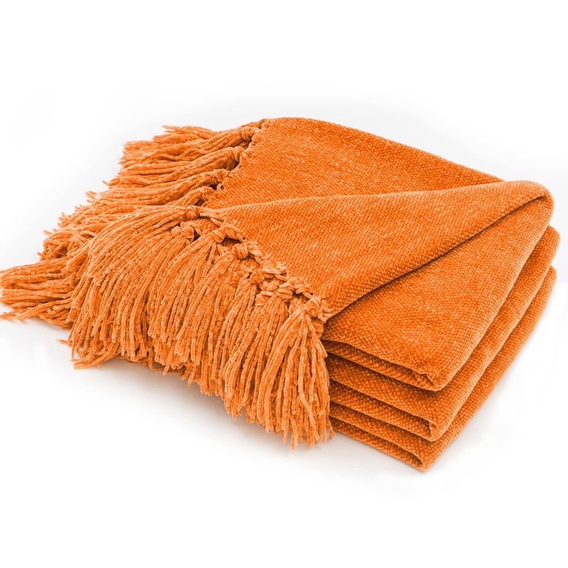 RECYCO Throw Blanket Soft Cozy Chenille Throw Blanket with Fringe Tassel for Couch Sofa Chair Bed Living Room Orange 50 x 60