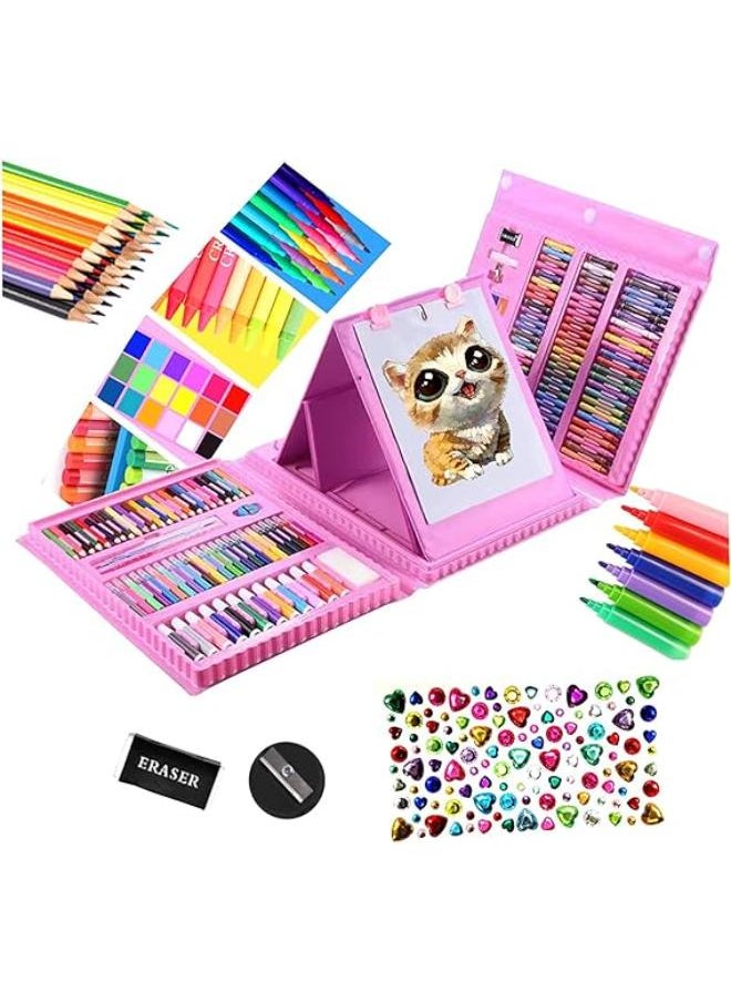 Generic Super Mega Art Supplies, 208 Pack Drawing Art kit Gifts for Girls Boys, Deluxe Art Case Gift with Double Sided Trifold Easel, Oil Pastels, Crayons, Colored Pencils, Watercolor Cakes (Pink/Blue)  - Image 2