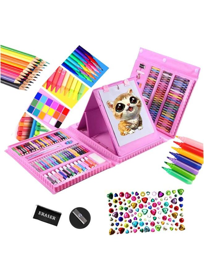 Generic Super Mega Art Supplies, 208 Pack Drawing Art kit Gifts for Girls Boys, Deluxe Art Case Gift with Double Sided Trifold Easel, Oil Pastels, Crayons, Colored Pencils, Watercolor Cakes (Pink/Blue)  - Image 1