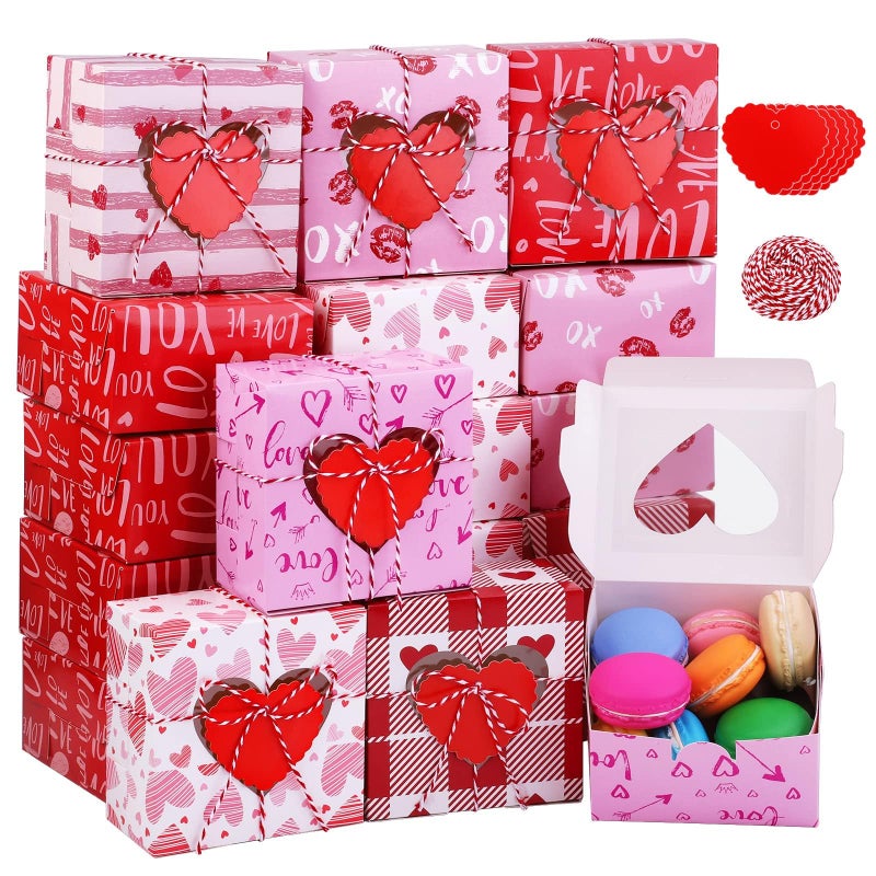 Fovths 36 Pack Valentines Day Cookie Boxes with Window Cupcake Bakery Boxes 4.5 x 4.5 x 2.5 Inch Hearts Goody Candy Container Box with Tags and Rope for Cupcakes, Doughnuts, Gifts Giving - Image 1