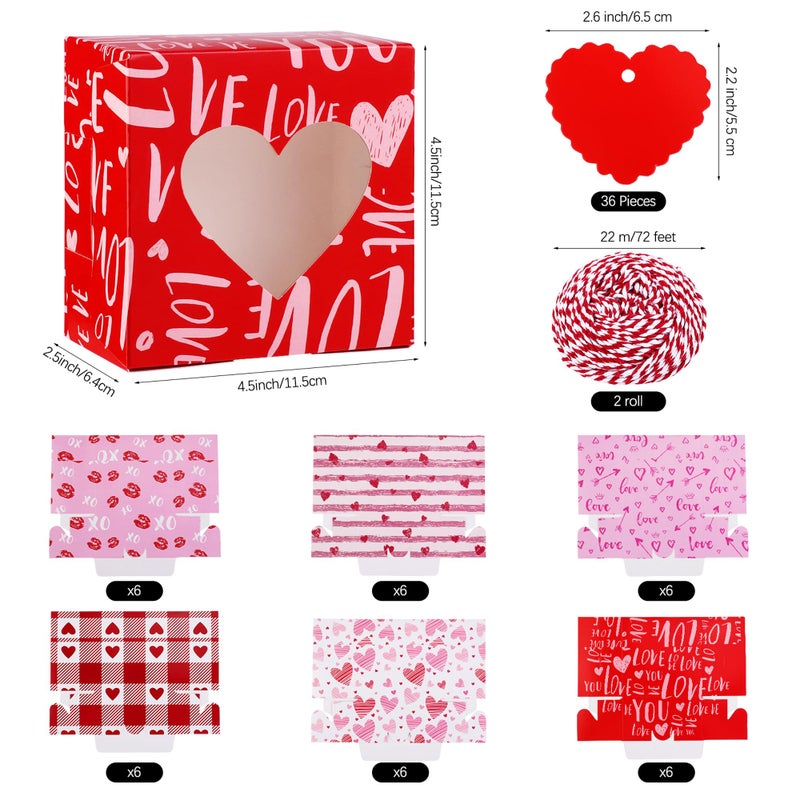 Fovths 36 Pack Valentines Day Cookie Boxes with Window Cupcake Bakery Boxes 4.5 x 4.5 x 2.5 Inch Hearts Goody Candy Container Box with Tags and Rope for Cupcakes, Doughnuts, Gifts Giving - Image 2