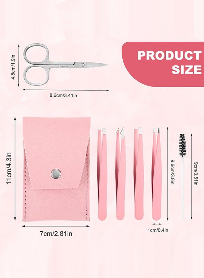 6 قطع من ملاقط الحواجب الوردية الاحترافية من الفولاذ المقاوم للصدأ لإزالة شعر الوجه، مجموعة نتف الحواجب الدقيقة مع حقيبة جلدية للنساء شعر الحواجب الناشئ تحت الجلد - Image 2