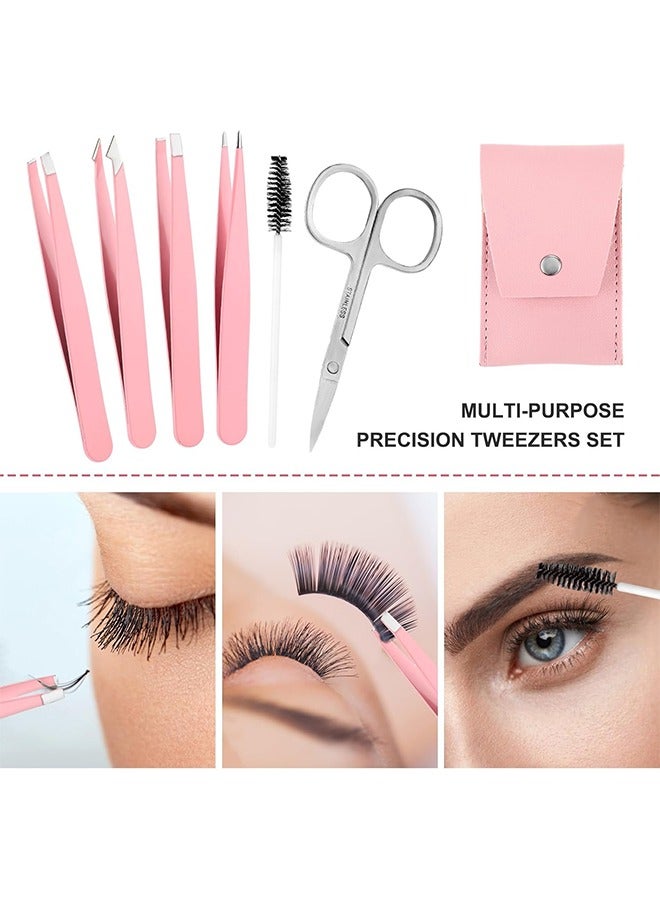 6 قطع من ملاقط الحواجب الوردية الاحترافية من الفولاذ المقاوم للصدأ لإزالة شعر الوجه، مجموعة نتف الحواجب الدقيقة مع حقيبة جلدية للنساء شعر الحواجب الناشئ تحت الجلد - Image 4