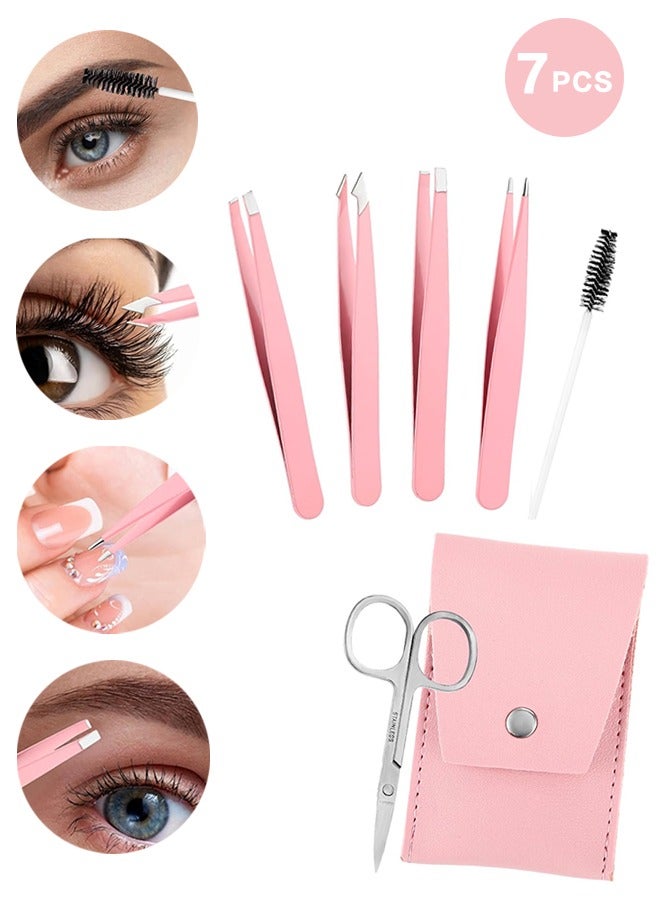 6 قطع من ملاقط الحواجب الوردية الاحترافية من الفولاذ المقاوم للصدأ لإزالة شعر الوجه، مجموعة نتف الحواجب الدقيقة مع حقيبة جلدية للنساء شعر الحواجب الناشئ تحت الجلد - Image 1