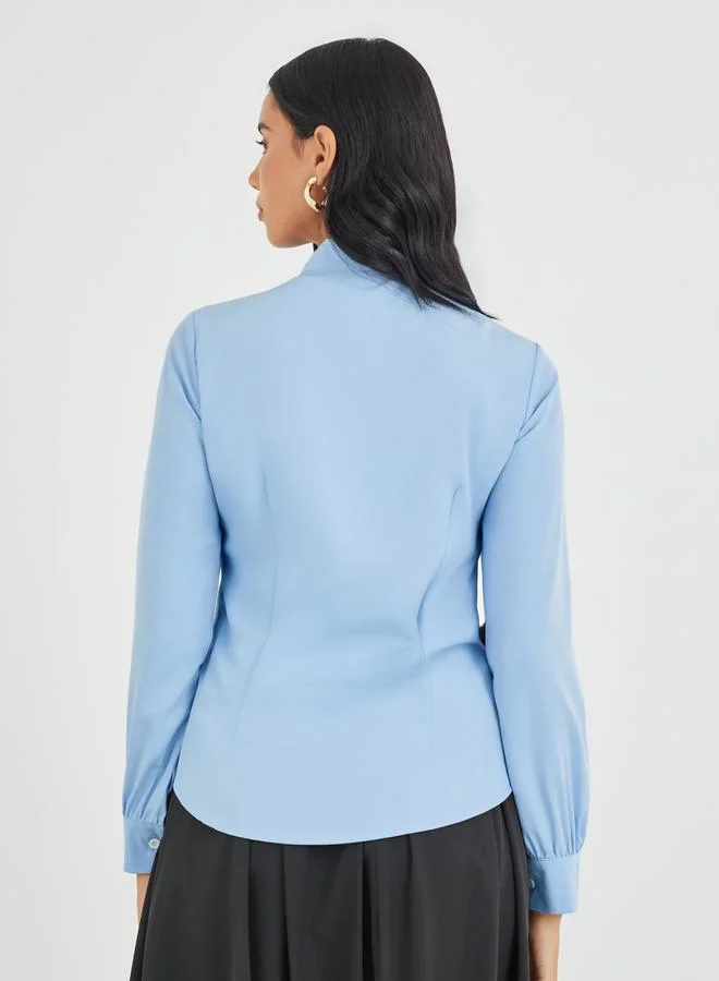 Take Two Take Two Color Block Tie Up Neck Long Sleeve Blouse