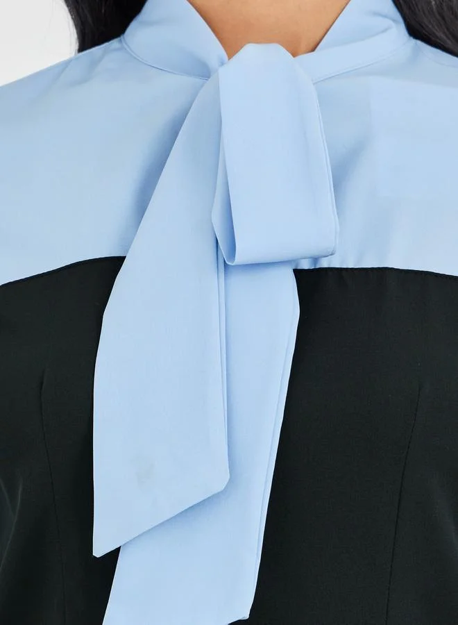 Take Two Take Two Color Block Tie Up Neck Long Sleeve Blouse
