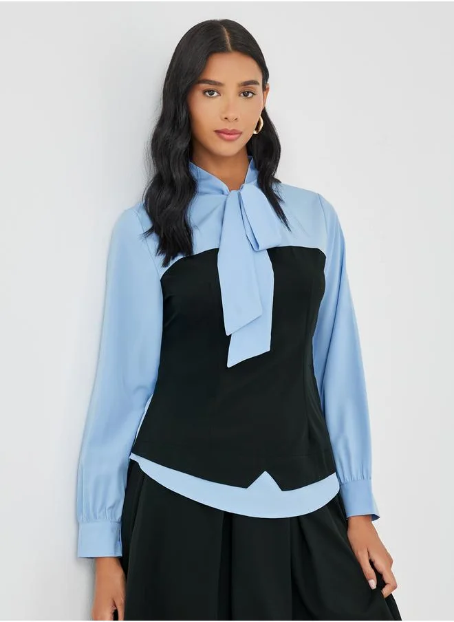 Take Two Take Two Color Block Tie Up Neck Long Sleeve Blouse