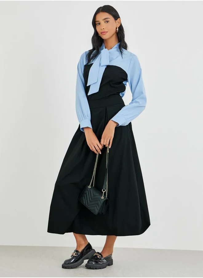 Take Two Take Two Color Block Tie Up Neck Long Sleeve Blouse
