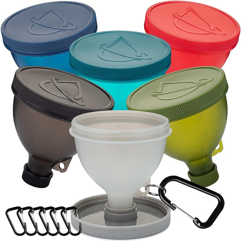 HYDRACUP [6 عبوات] مجموعة قمع بروستان مع حامل لملء زجاجات المياه وزجاجات الخلط مع مسحوق البروتين، مجموعة تخزين المكملات، للاستخدام في الخارج أو في المطبخ، حلقة مفاتيح لكوب الخلط، خالية من BPA - Image 1