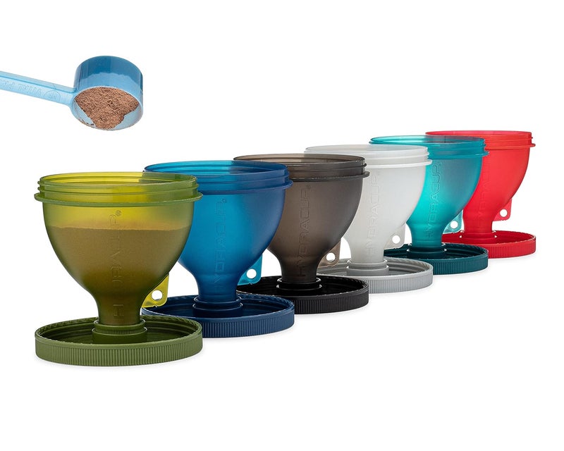 HYDRACUP [6 عبوات] مجموعة قمع بروستان مع حامل لملء زجاجات المياه وزجاجات الخلط مع مسحوق البروتين، مجموعة تخزين المكملات، للاستخدام في الخارج أو في المطبخ، حلقة مفاتيح لكوب الخلط، خالية من BPA - Image 3