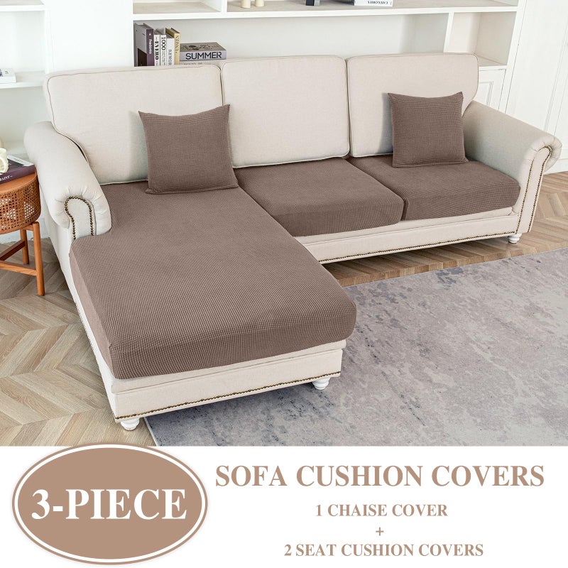 LA MEACK Couch Cushion Covers for Sectional Sofa L Shape Washable Separate Seat Chaise Couch Cover Stretch Sofa Slipcovers with 2 Pcs Pillowcases(2 Seater + 1 Chaise, Khaki) - Image 2