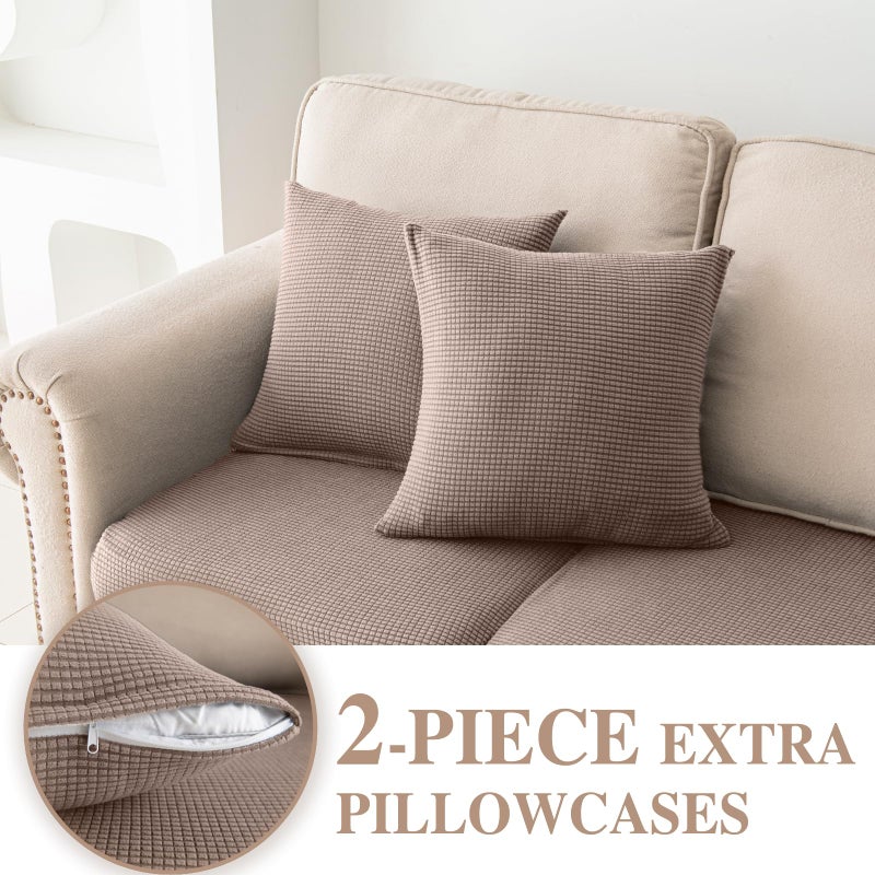 LA MEACK Couch Cushion Covers for Sectional Sofa L Shape Washable Separate Seat Chaise Couch Cover Stretch Sofa Slipcovers with 2 Pcs Pillowcases(2 Seater + 1 Chaise, Khaki) - Image 3
