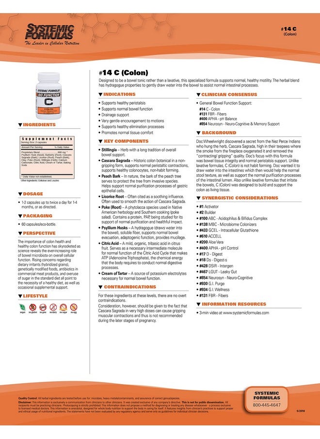 سيستميك فورميولاز - كبسولات Systemic Formulas Bio Function C Colon - #14، 60 كبسولة. دعم الكبد والقولون. العناية بالقولون. ملين خفيف، لضعف وظيفة الأمعاء المؤقت. أقراص الكبد الصحية تعمل على إزالة السموم من الكبد - Image 1