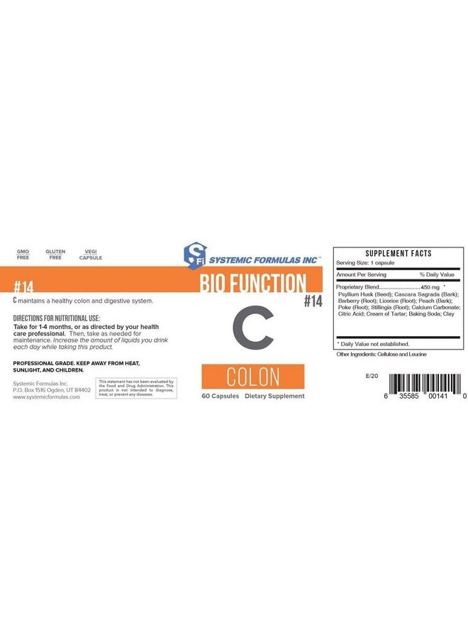سيستميك فورميولاز - كبسولات Systemic Formulas Bio Function C Colon - #14، 60 كبسولة. دعم الكبد والقولون. العناية بالقولون. ملين خفيف، لضعف وظيفة الأمعاء المؤقت. أقراص الكبد الصحية تعمل على إزالة السموم من الكبد - Image 1