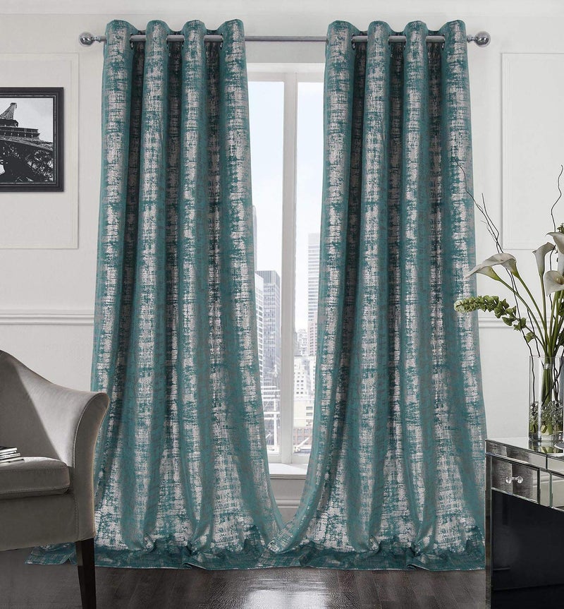 always4u Soft Velvet Curtains 108 Inch Length Long Luxury Bedroom Curtains Gold Foil Print Window Treatments for Living Room Set of 2 Teal