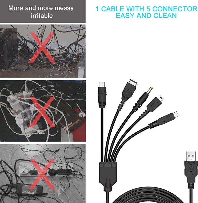 كابل شحن USB 5 في 1 لأجهزة Nintendo NDS/Wii U/New 3DS، 3DS، 2DS، DSi، NDS/GBA SP، PSP 1000-3000 - Image 5